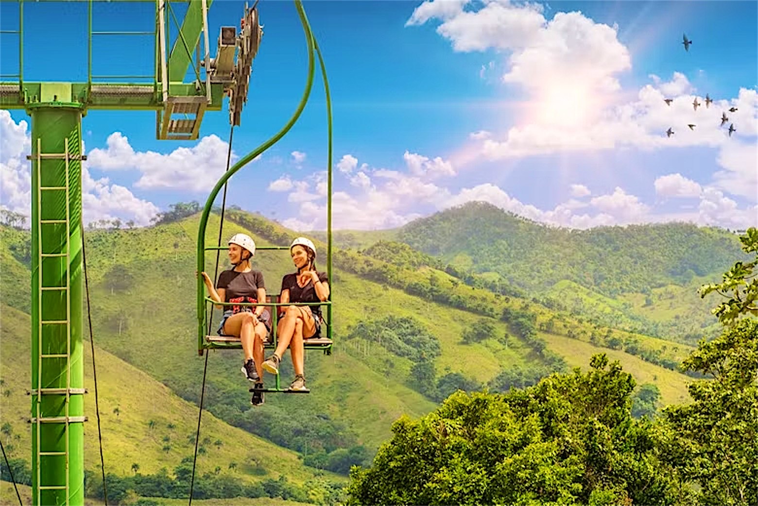 Zipline over the green valley