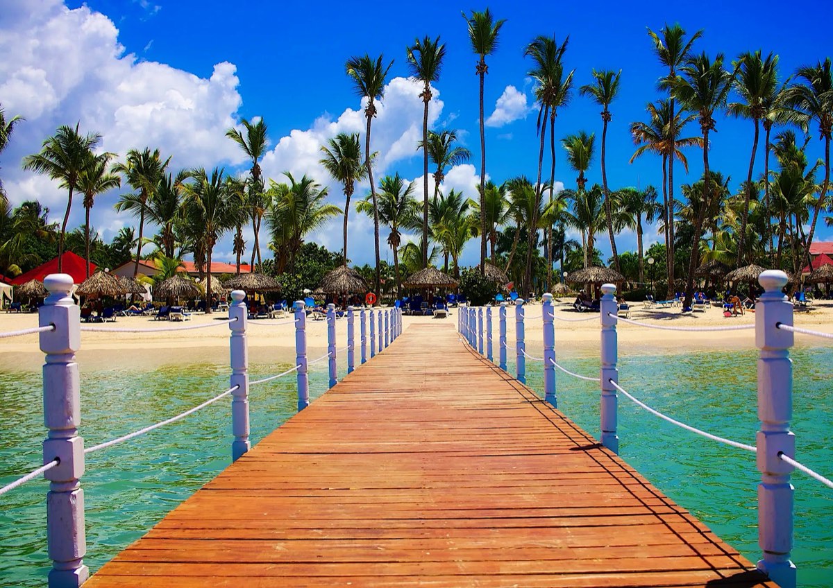 Wooden pier over turquoise water and a palm-lined beach